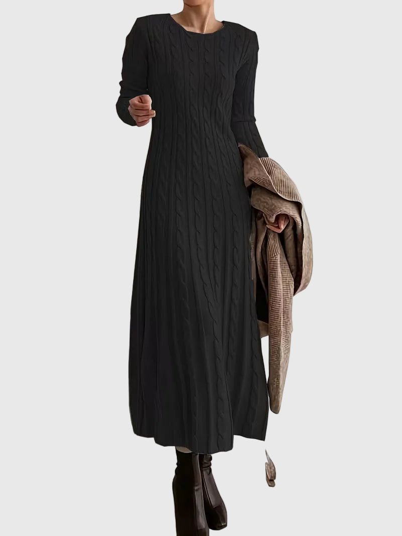 Dame sweater dress maxi strikkjole med kabelmønster og lange ærmer
