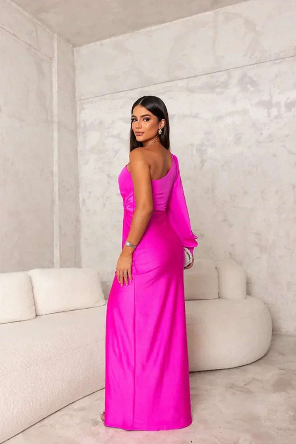 Dame Flot Elegant Gala Maxi Kjole Med One Shoulder Drapering Og Høj Slids