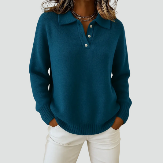 Dame striktrøje med polokrave og knapper