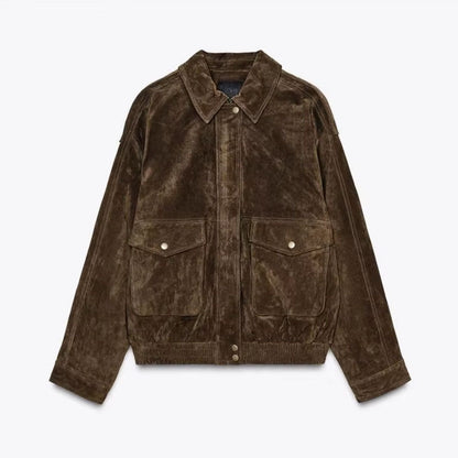 Dame ruskindsjakke med trykknapper og brystlommer