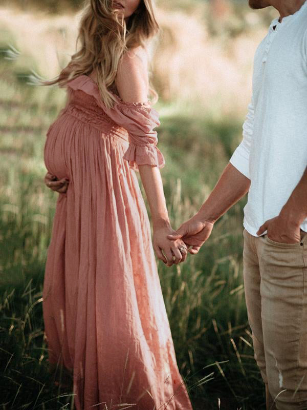 Dame maxi dress graviditetskjole med off shoulder og løs pasform