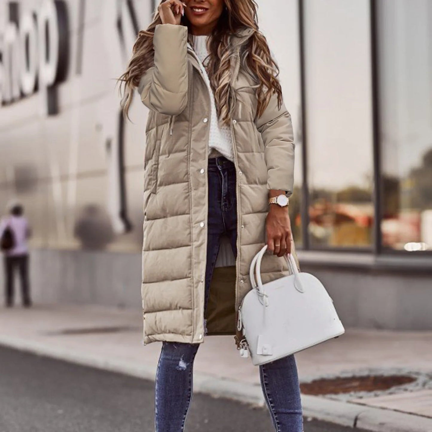 Lang Varm Foret Dame Pufferjakke med Hætte