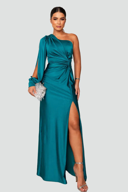 Dame Flot Elegant Gala Maxi Kjole Med One Shoulder Drapering Og Høj Slids