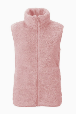 Blød teddy bodywarmer til dame med høj krave og lynlås