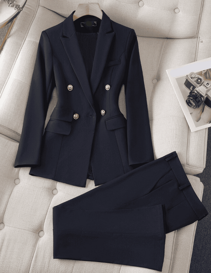 Elegant Dame Blazer Sæt med Dobbelt Knapper