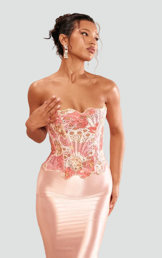 Dame blonde korsett top med stropløs design og figursyet pasform