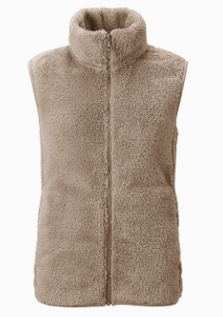 Blød teddy bodywarmer til dame med høj krave og lynlås