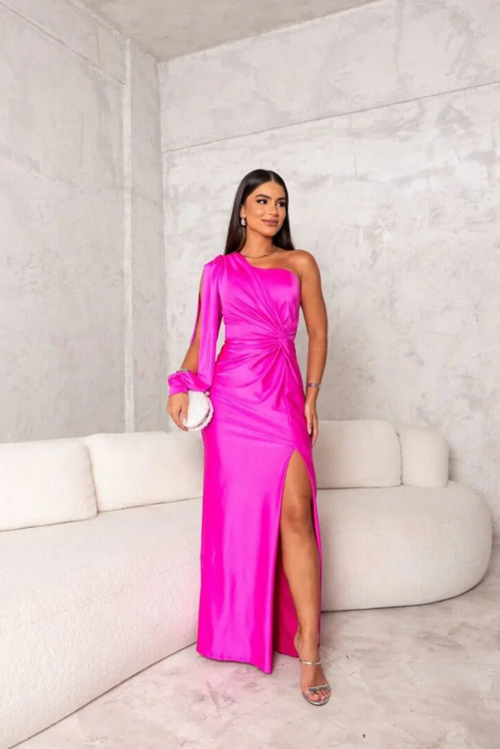 Dame Flot Elegant Gala Maxi Kjole Med One Shoulder Drapering Og Høj Slids