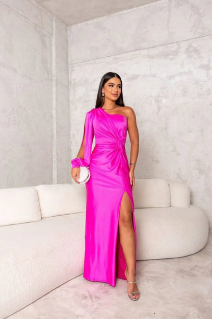 Dame Flot Elegant Gala Maxi Kjole Med One Shoulder Drapering Og Høj Slids