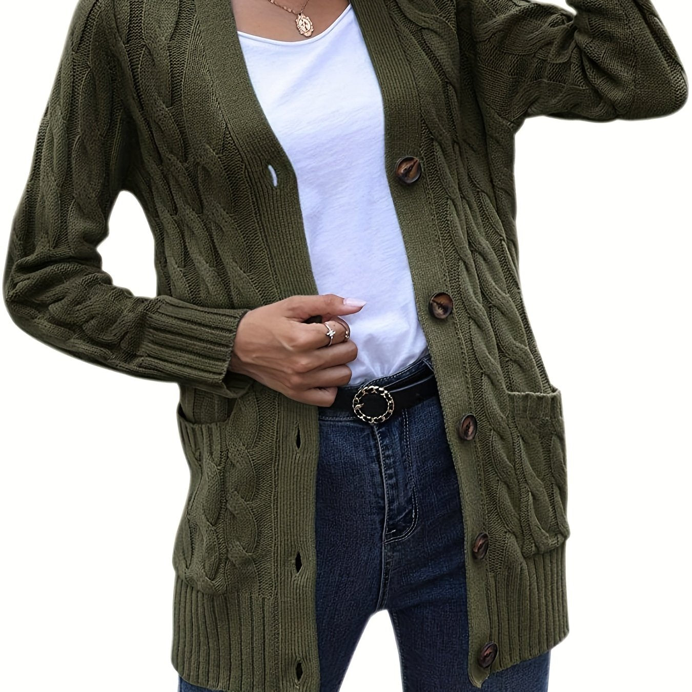 Varm Dame Cardigan med Knapper og Kabelstrik