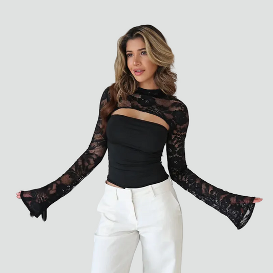 Dame elegant blondetop med lange ærmer og tætsiddende pasform