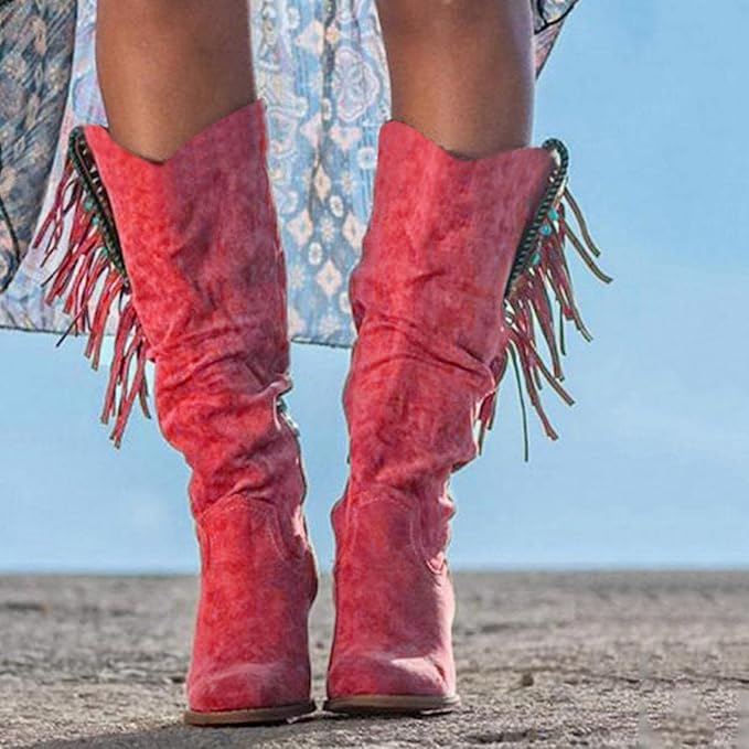 Stilfulde Western Dame Knæ Støvler Med Ruskinds Look