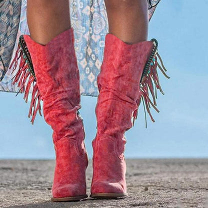 Stilfulde Western Dame Knæ Støvler Med Ruskinds Look