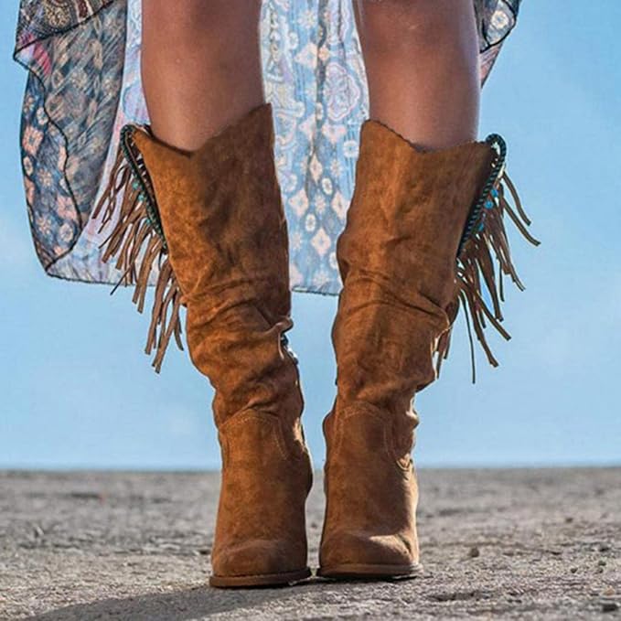 Stilfulde Western Dame Knæ Støvler Med Ruskinds Look