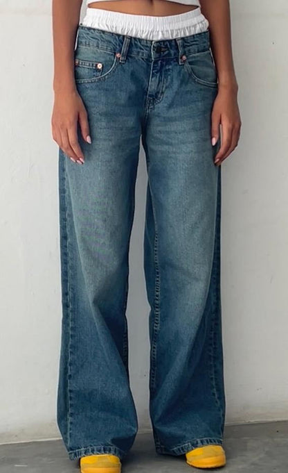 Dame Stretch Lavtaljede Jeans med Vide Ben