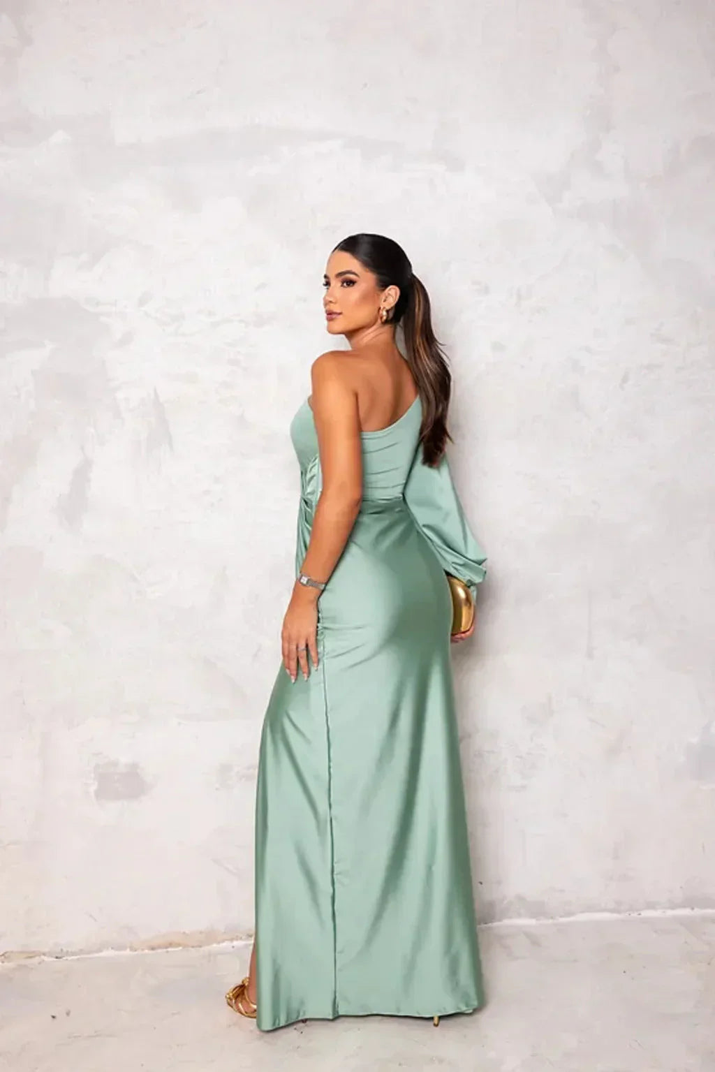 Dame Flot Elegant Gala Maxi Kjole Med One Shoulder Drapering Og Høj Slids