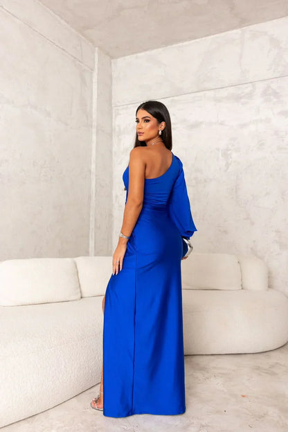 Dame Flot Elegant Gala Maxi Kjole Med One Shoulder Drapering Og Høj Slids