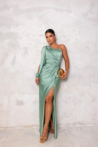 Dame Flot Elegant Gala Maxi Kjole Med One Shoulder Drapering Og Høj Slids