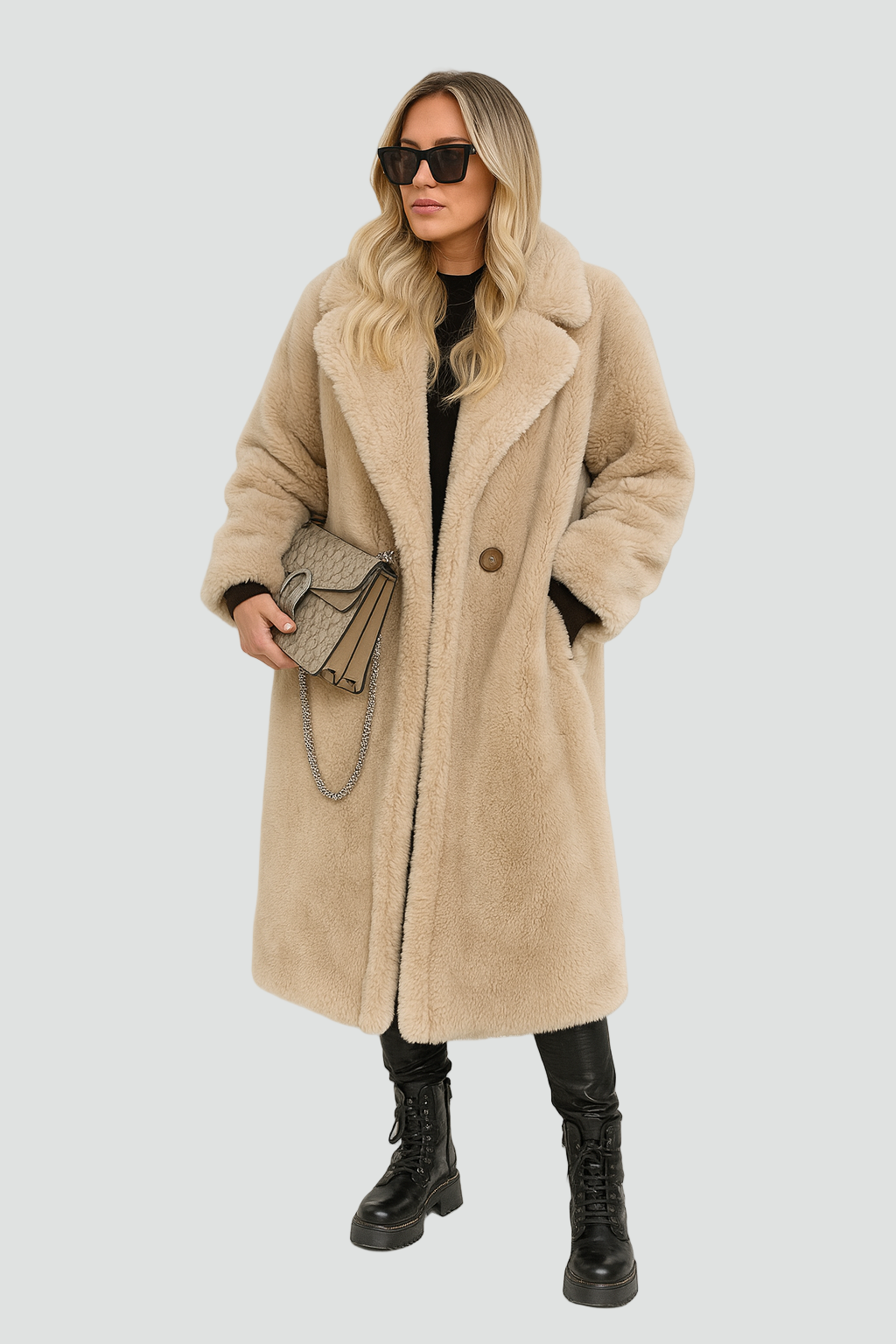 Blød Oversized Dame Vinterfrakke med Lang Teddy-pasform