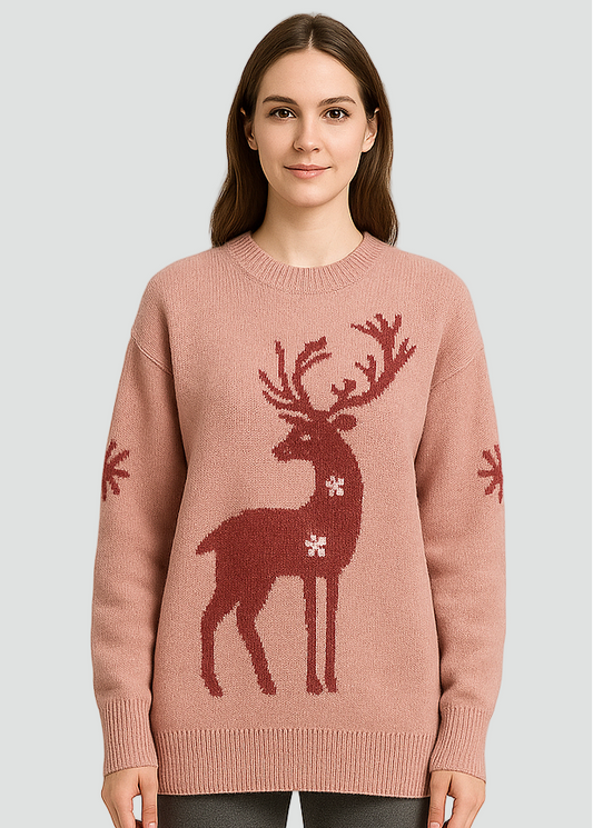 Blød Oversized Kvinde Juletrøje med Rensdyr Print
