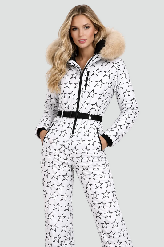 Trendy dames skidragt med pelskrave bælte og varm isolering