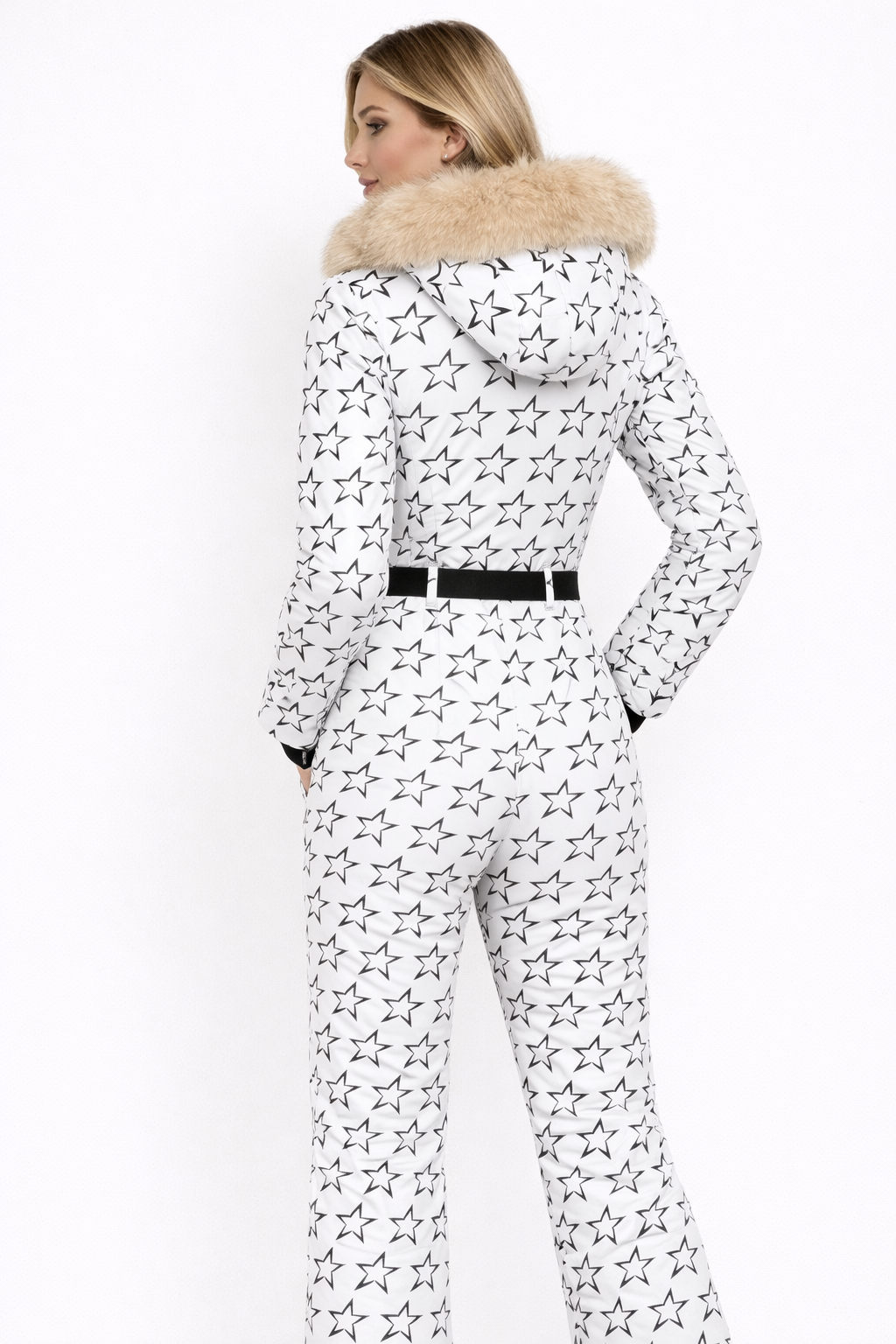 Trendy dames skidragt med pelskrave bælte og varm isolering