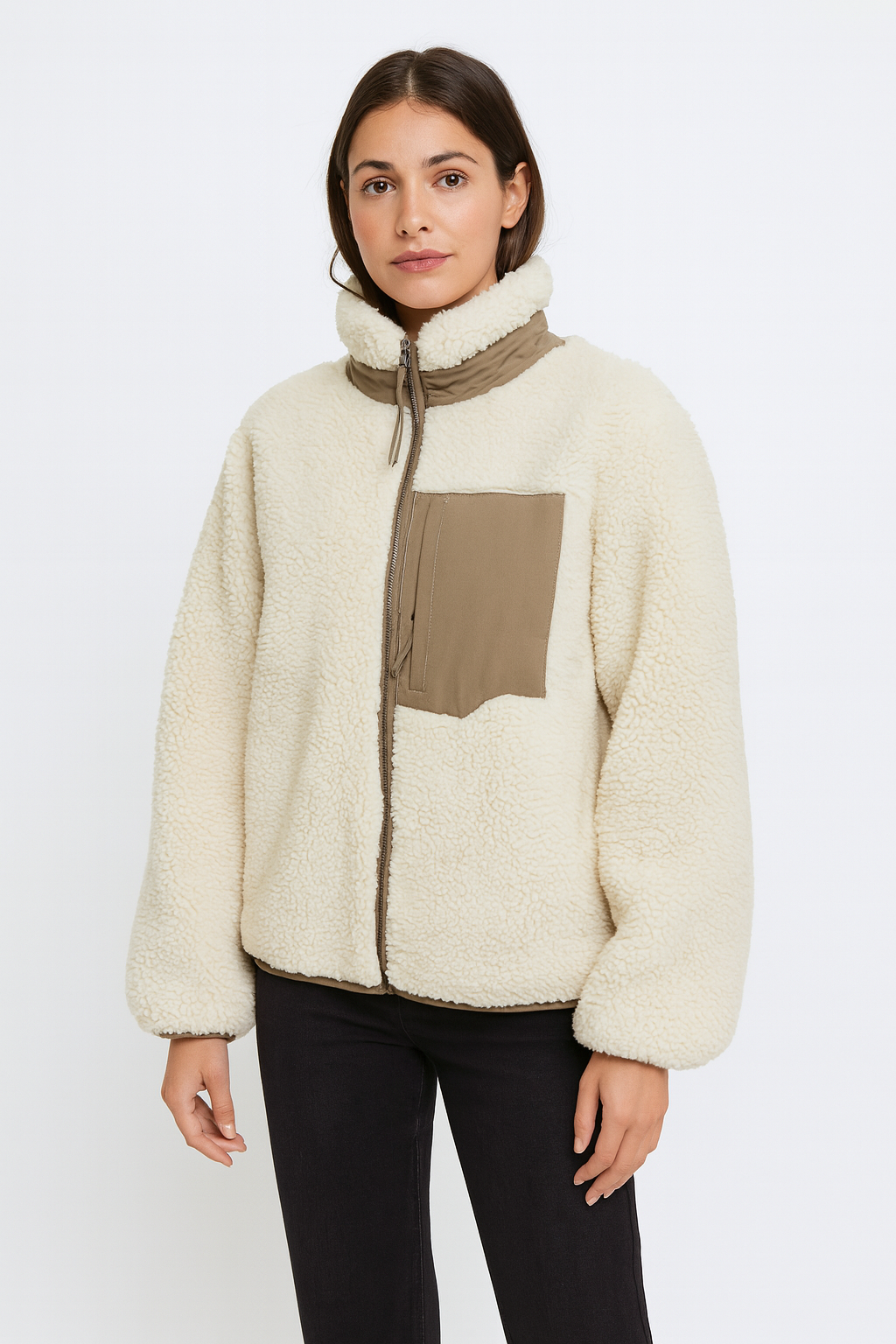 Varm Teddyjakke til Kvinder med Høj Krave og Lynlåslomme