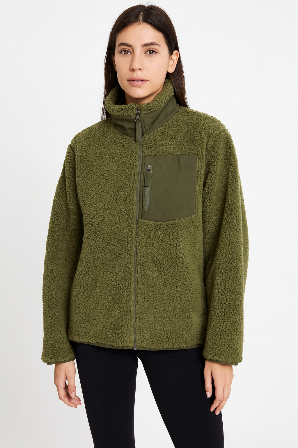 Varm Teddyjakke til Kvinder med Høj Krave og Lynlåslomme