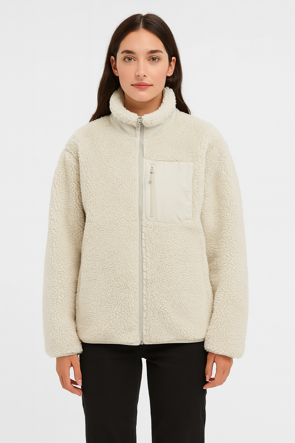 Varm Teddyjakke til Kvinder med Høj Krave og Lynlåslomme