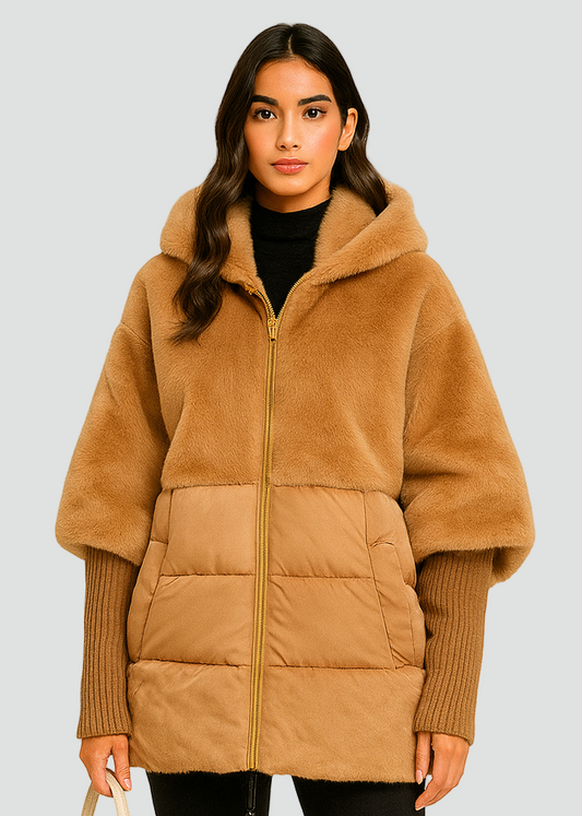 Varm Pufferjakke til Kvinder med Hætte og Teddyfor