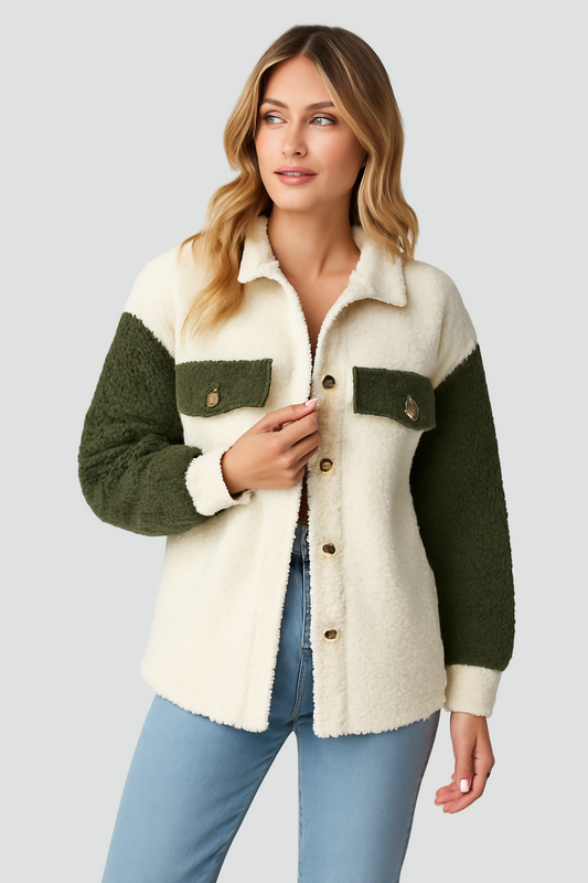 Dame Teddy Fleece Jakke til Vinter med Colorblock og Knapper