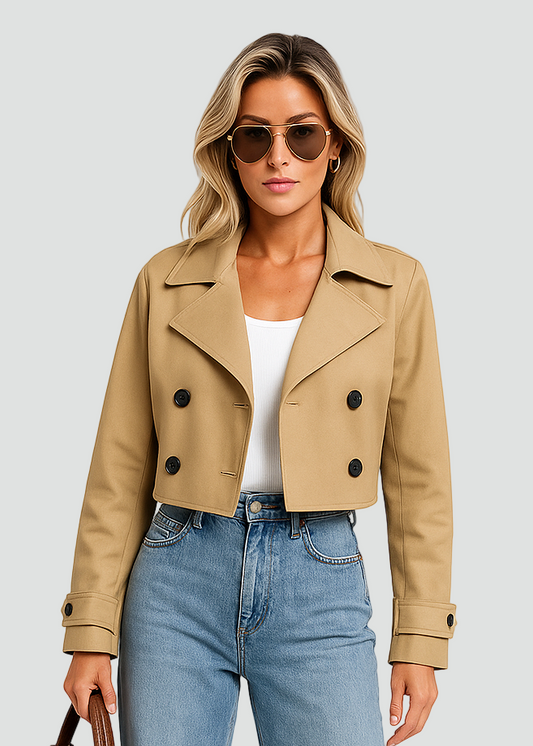 Elegant Khaki Kort Dame Trenchcoat
