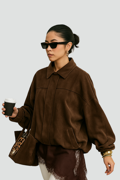 Elegant Kvinders Ruskindsjakke Oversized Varm