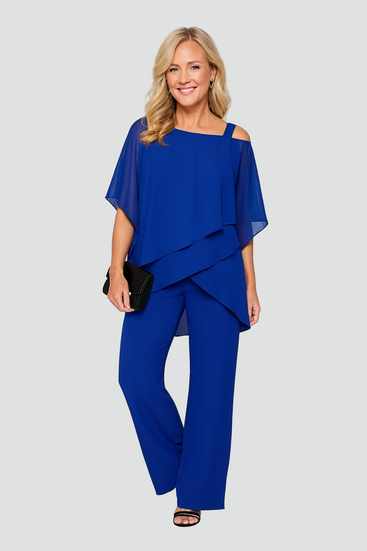 Elegant Luftigt Dame Off Shoulder Chiffon Sæt Med Bukser