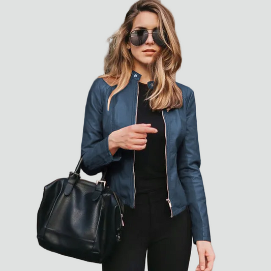 Dame læderjakke med lynlås og kort pasform til hverdag