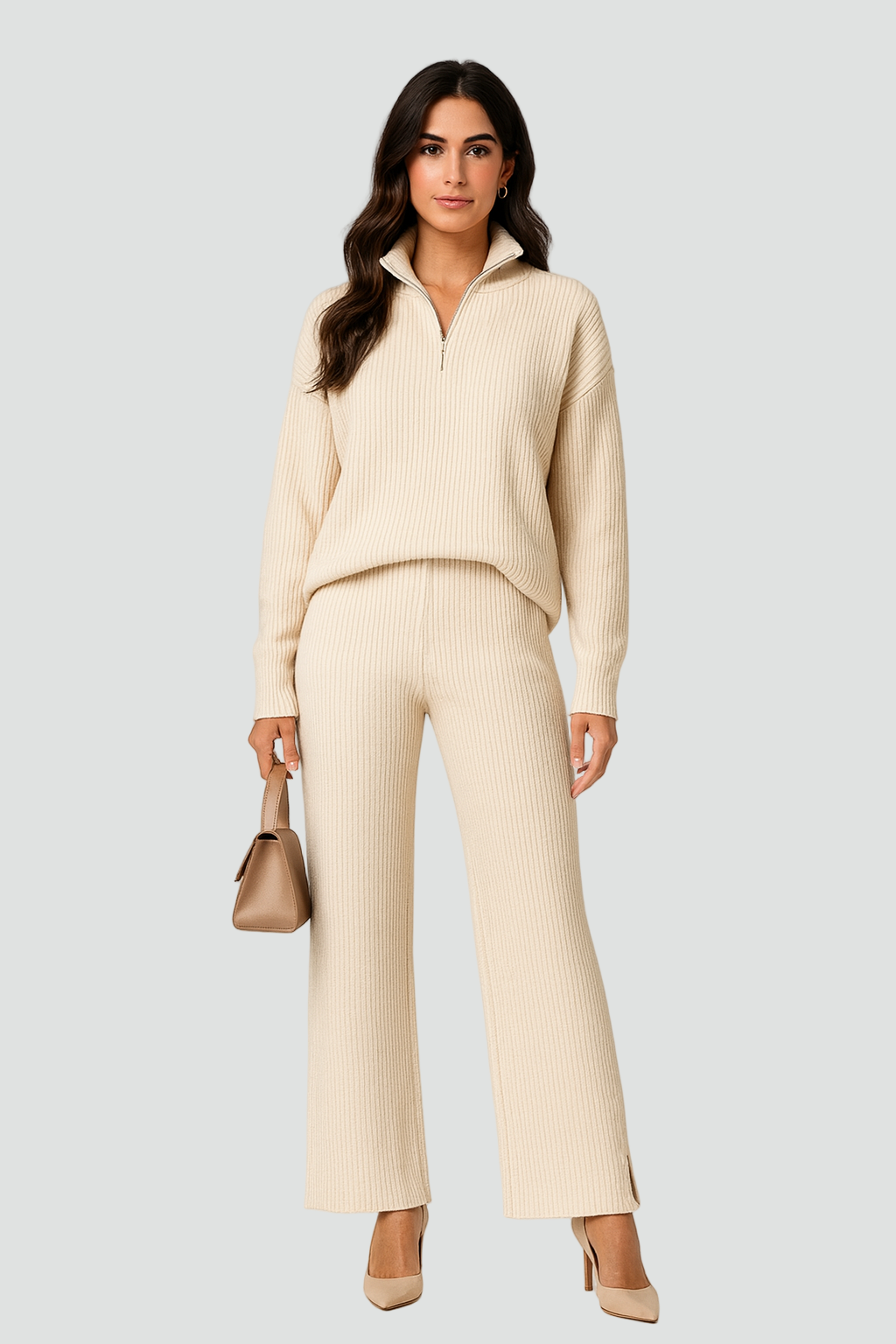 Hyggeligt Dame Strik Sæt med Udstillede Bukser og Lynlås Trøje