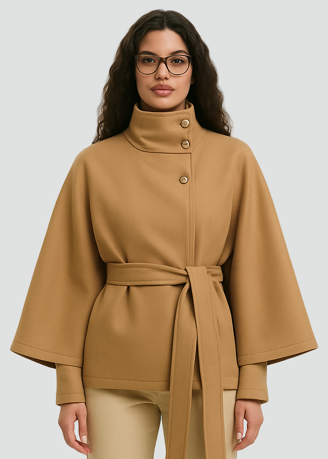 Komfortabel Dame Kappefrakke med Høj Krave og Bindebælte