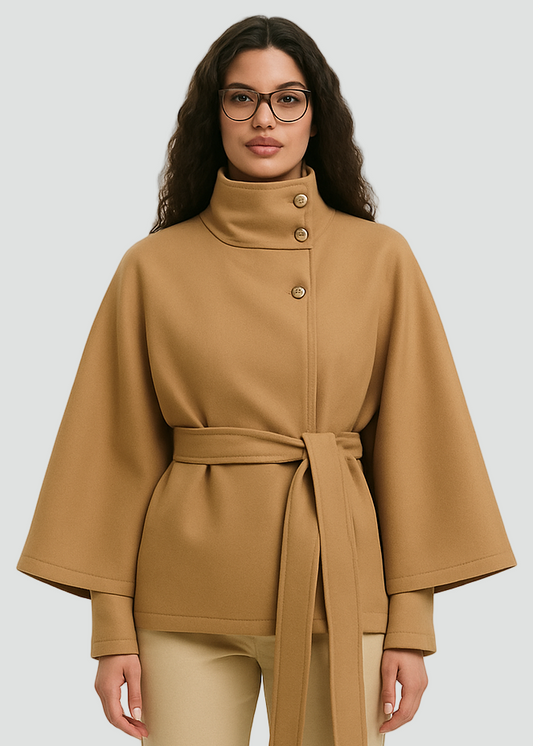 Komfortabel Dame Kappefrakke med Høj Krave og Bindebælte