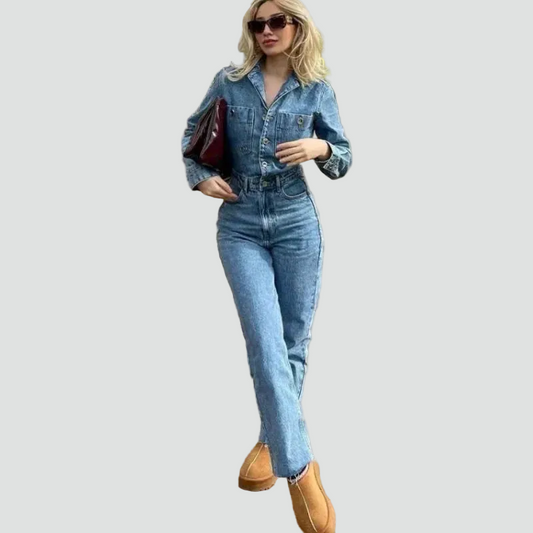 Moderne Denim Jumpsuit til Damer Langærmet Buksdragt i Bomul