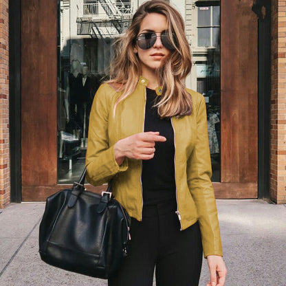 Elegant Dame Læderjakke med Talje og Lynlås