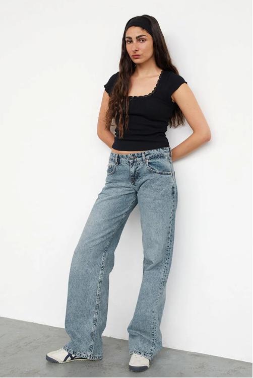 Dame Stretch Lavtaljede Jeans med Vide Ben