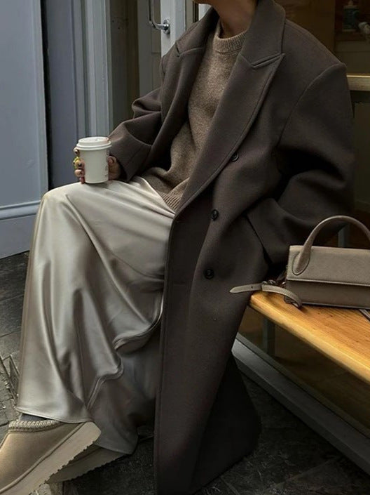 Oversized Brun Damefrakke med Dobbeltknap Design