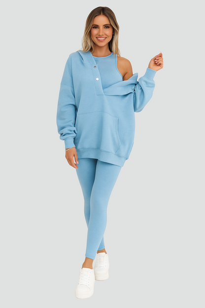 Oversize Dame 3-Dele Loungewear Sæt med Hættetrøje