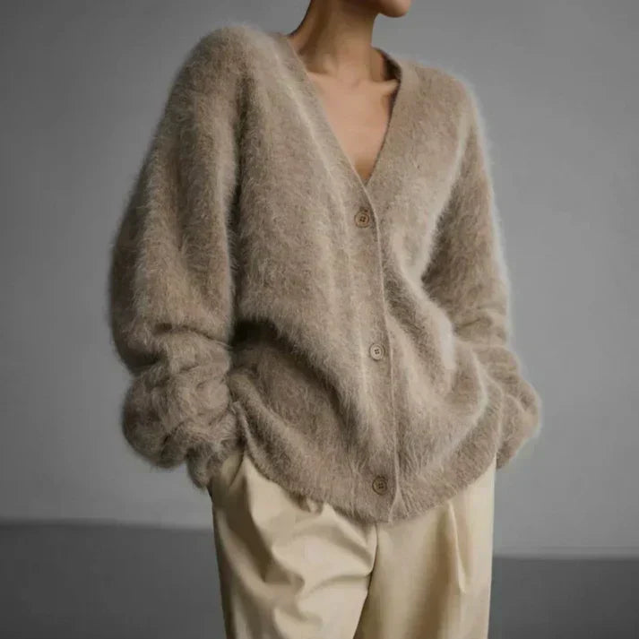 Oversized Blød Dame Fluffy Cardigan med Knapper