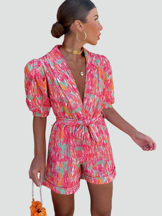 Chic Dame Playsuit Med Slå Om V Hals Og Bindebælte