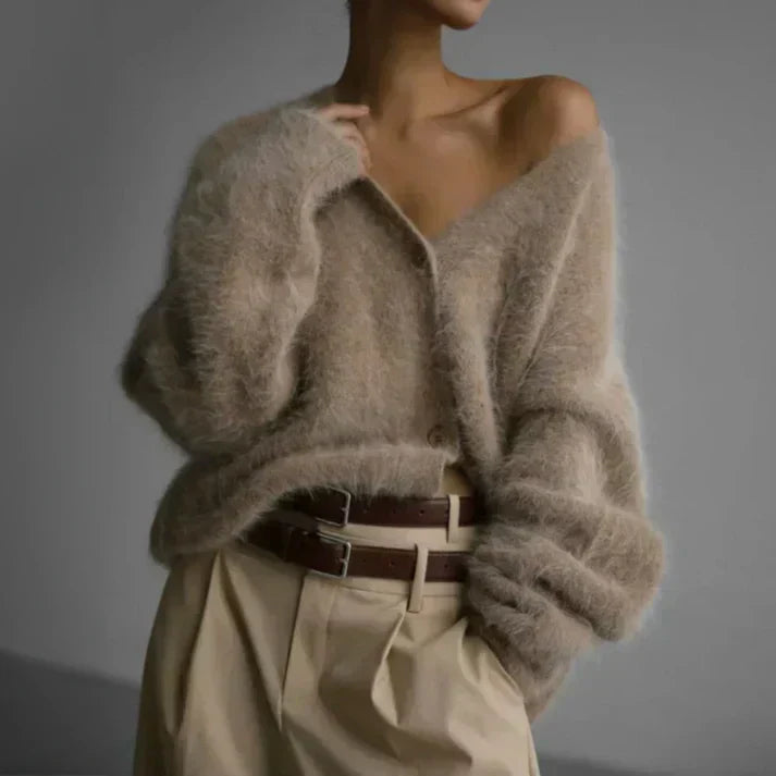 Oversized Blød Dame Fluffy Cardigan med Knapper