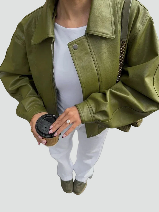 Trendy oversize PU læderjakke til dame med krave og lommer