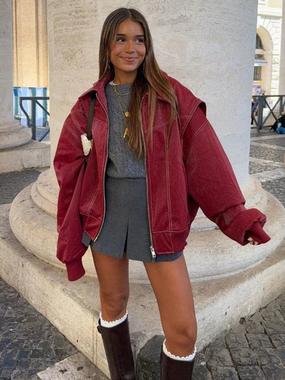 Oversized dame denimjakke i rød med lynlås til hverdag