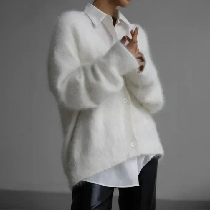 Oversized Blød Dame Fluffy Cardigan med Knapper