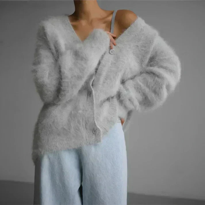 Oversized Blød Dame Fluffy Cardigan med Knapper